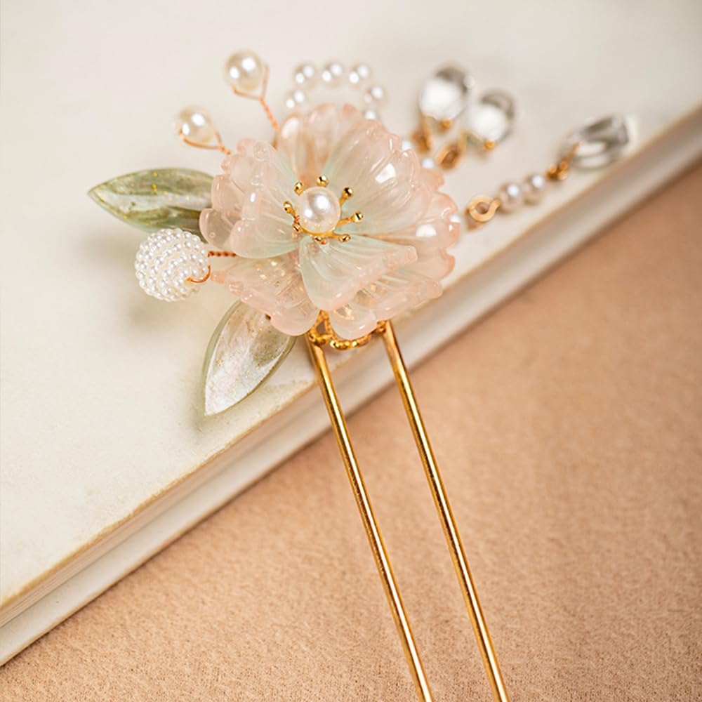 Rabithenn Rainbow Pink Chrysanthemum Pearl Tassels Chinese Hanfu Metal Handmade Hair Clip Hair Accessories for Women Girls Long Hair (Rainbow Flower)