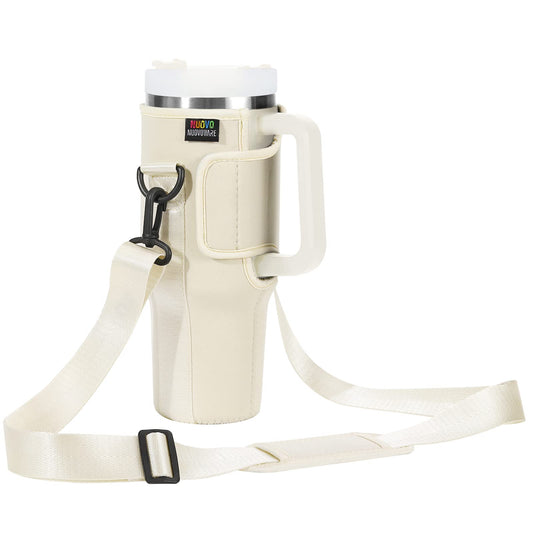 Nuovoware Water Bottle Carrier Bag Fits Stanley 40 Oz Tumbler with Handle, Bottle Bag with Adjustable Shoulder Strap, Neoprene Bottle Holder for Stanley Water Bottle Accessories, Milk White