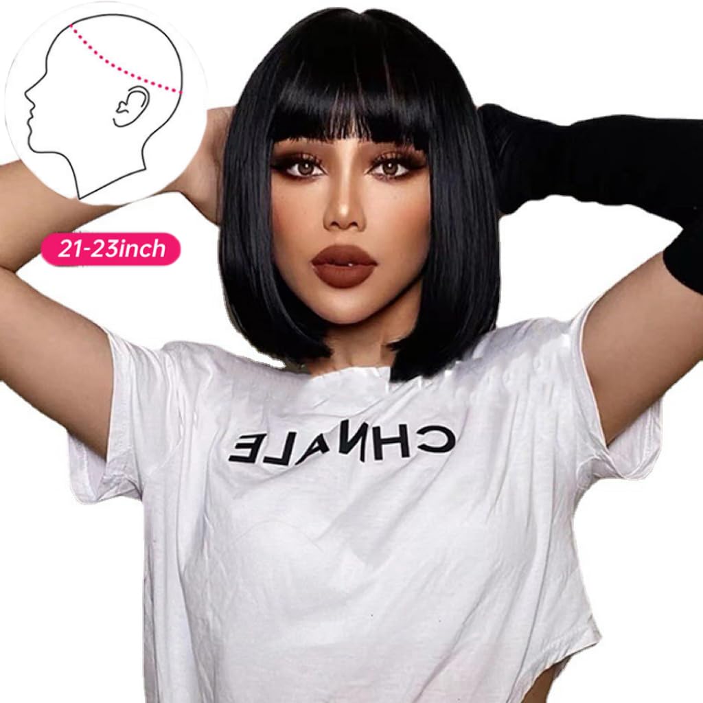 Tangyaoyusun 12Inch Black Wig with Bang Short Straight Bob Hair For Girls Women Theme Party(Black)
