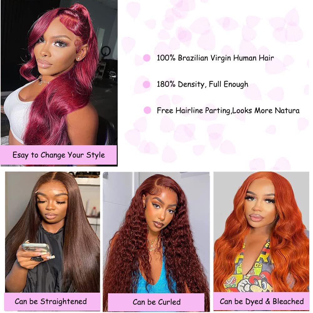 99J Burgundy Wine Red Color Body Wave 13x4 HD Lace Front Glueless Wigs Human Hair Pre Plucked Bleached Knots with Baby Hair Wigs Brazilian Human Hair Natural Hairline Wigs for Women(22Inch)