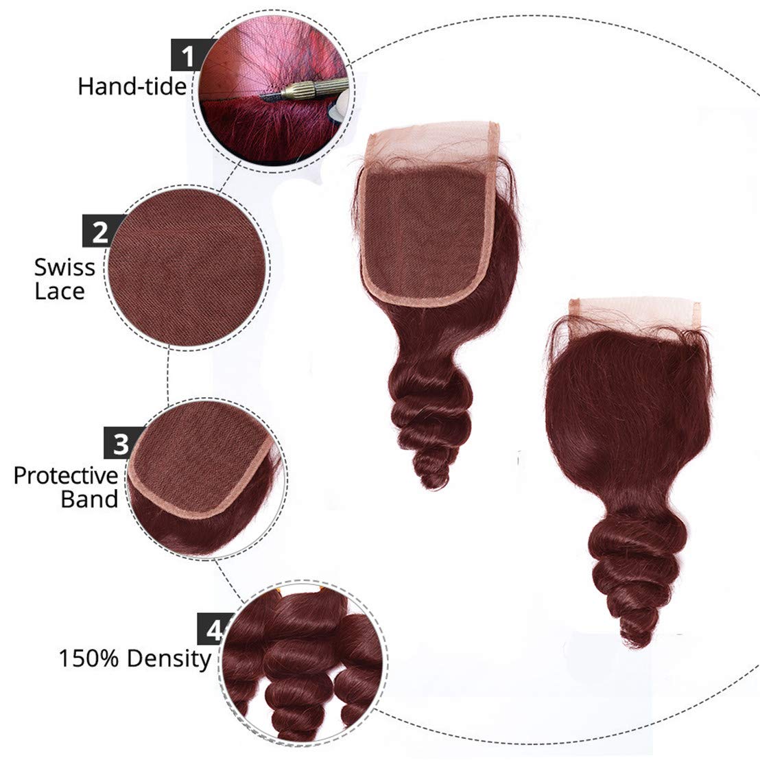 99J Burgundy Loose Deep Wave Human Hair Wefts 3 Bundles With 4x4 Lace Closure Brazilian Hair Extentions Red Wine Color Free Part 4x4 Hand tied Lace Closure (14"16"18"+14"closure, Burgundy/99J)