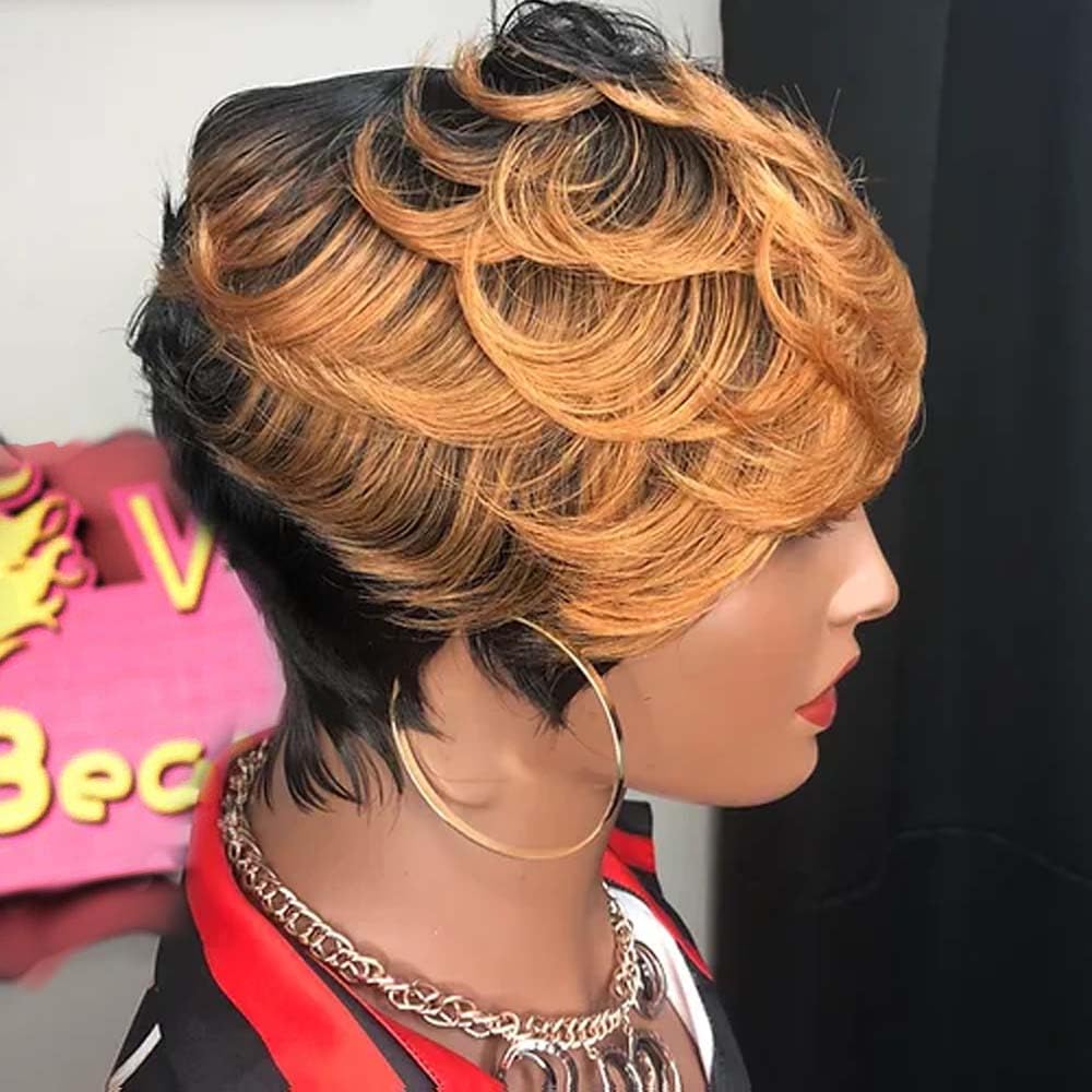VRZ Short Curly Pixie Cut Wig Human Hair Short Wigs for Black Women pixie cut wigs human hair Short Human Hair Pixie Cut Glueless Wig Short Wigs Natural Curly with Brown R1B/30