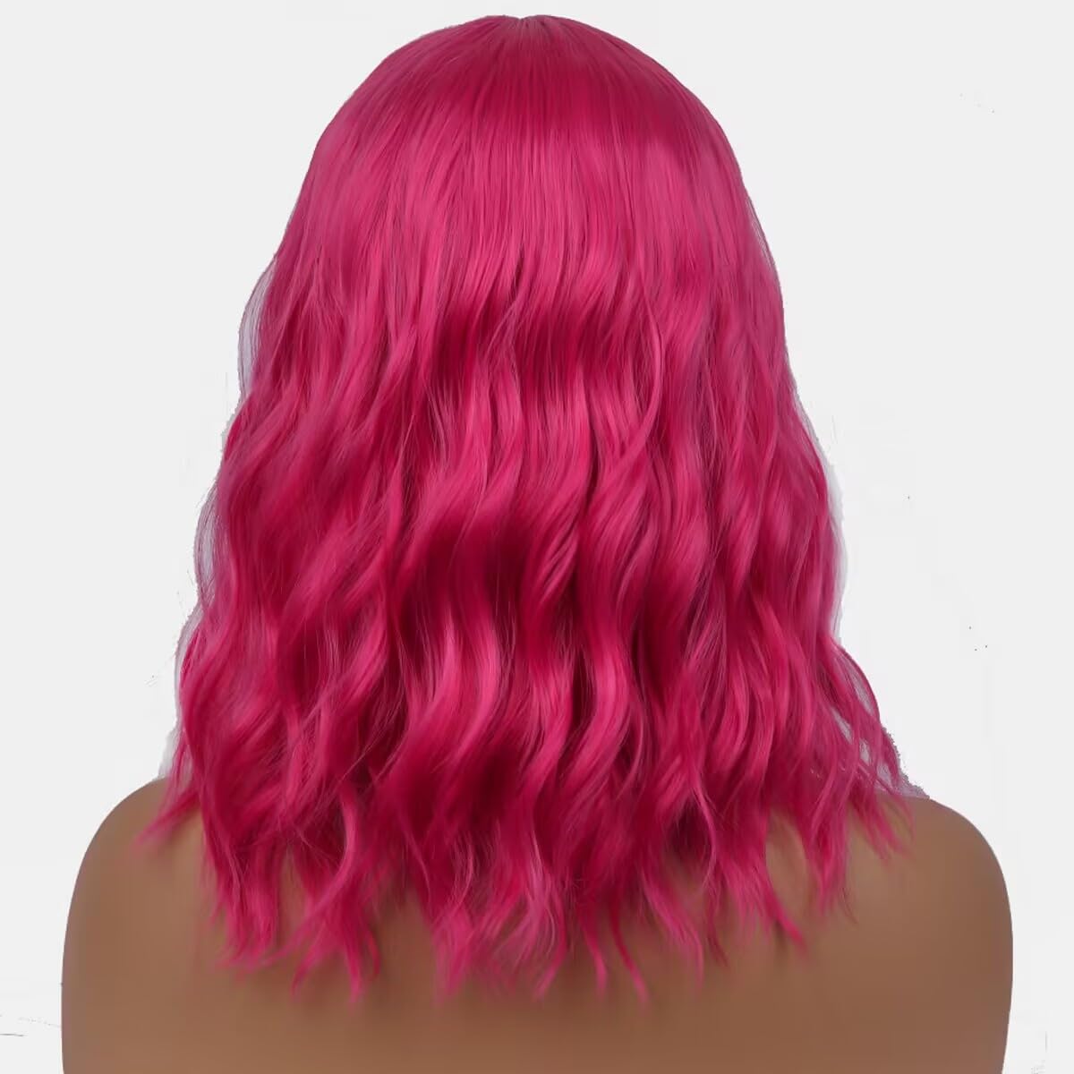 WTHCOS Hot Pink Wig Short Curly Wavy Wig with Bangs Rose Red Wig for Women Magenta Wig Neon Pink Wig Synthetic Wigs for Cosplay Costume Party with Wig Cap
