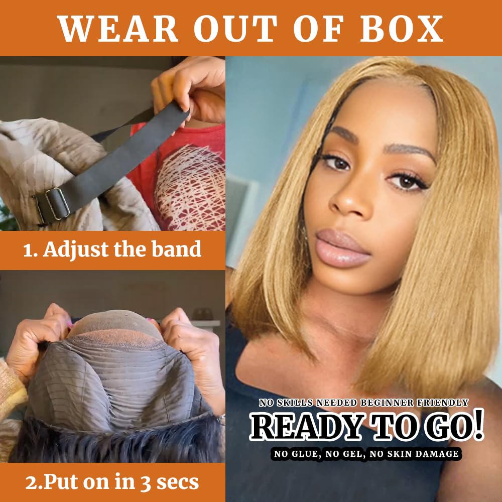 GUDOZO #27 Honey Blonde Bob Wig Human Hair Glueless 14inch Glueless Wigs Human Hair Pre Plucked Pre Cut with Baby Hair 9X6 HD Lace Front Wigs For Black Women 200% Density Straight Bob Wigs