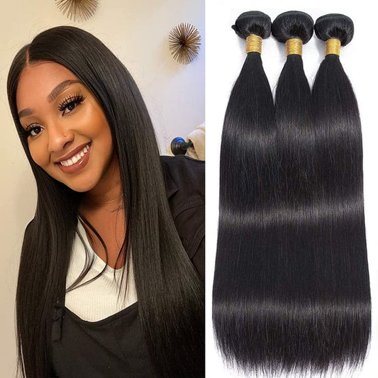 #1B Straight Human Hair Bundles 8a Grade Natural Color Double Weft Brazilian Remy Hair Weave Extensions Wet and Wavy Bundles Soft and Silky for Black Women (26 26 26 inch,3 Bundles)