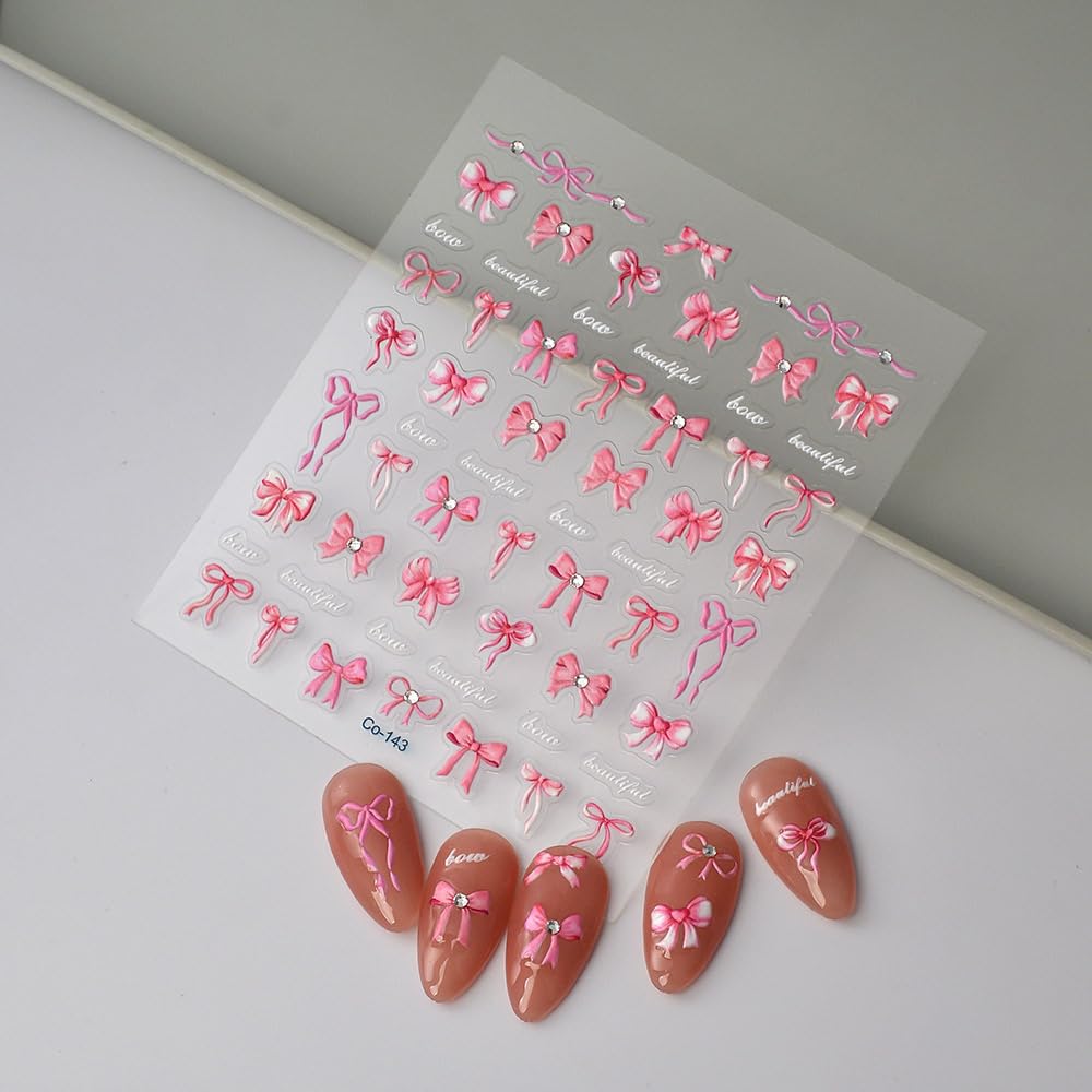 5D Embossed Bow Nail Stickers Pink Bowknot Nail Art Stickers with Rhinestone Design Bow Nail Decals for Women Girls Acrylic Nails DIY Manicure Nail Supplies