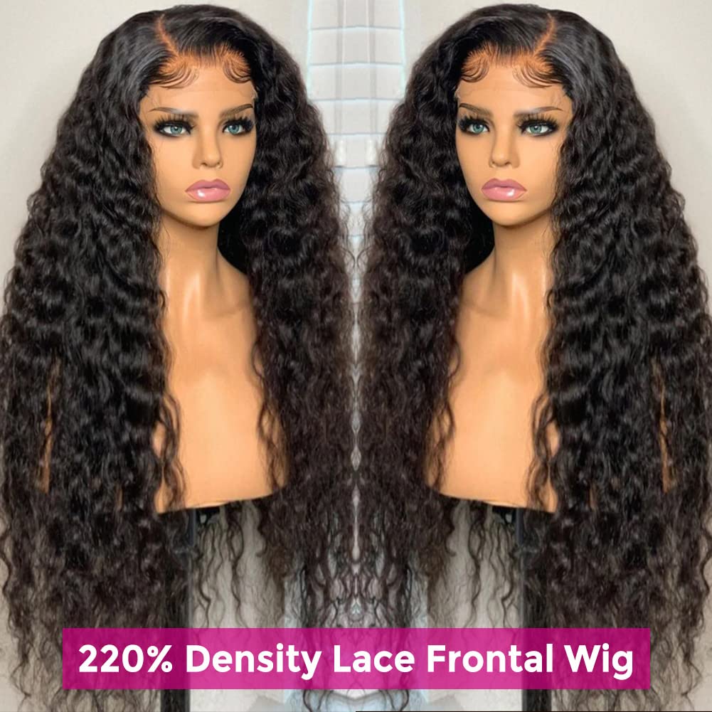 Pizazz 220% Density Glueless Deep Wave Human Hair Wigs for Black Women 13x4 HD Transparent Lace Front Wigs Human Hair With Baby Hair Natural Hairline Natural Color(24 Inch)