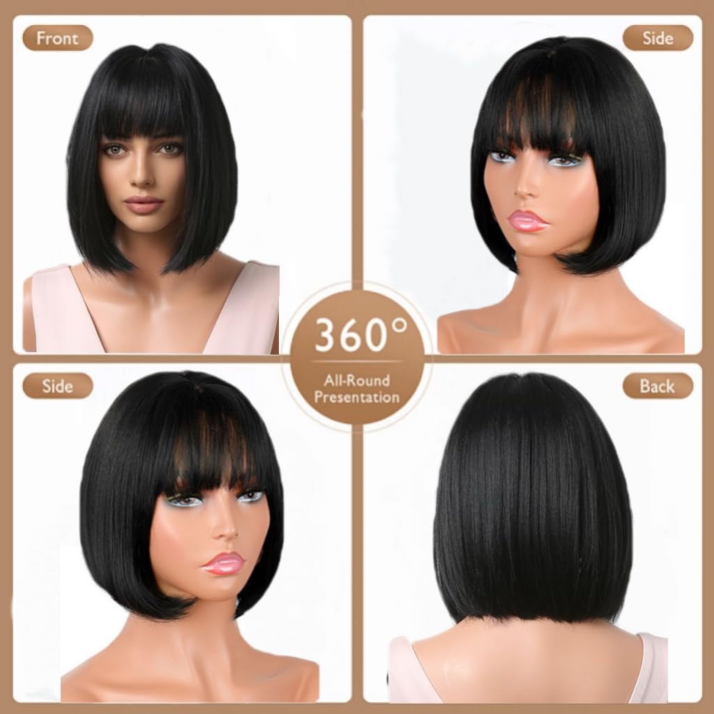 Tangyaoyusun 12Inch Black Wig with Bang Short Straight Bob Hair For Girls Women Theme Party(Black)