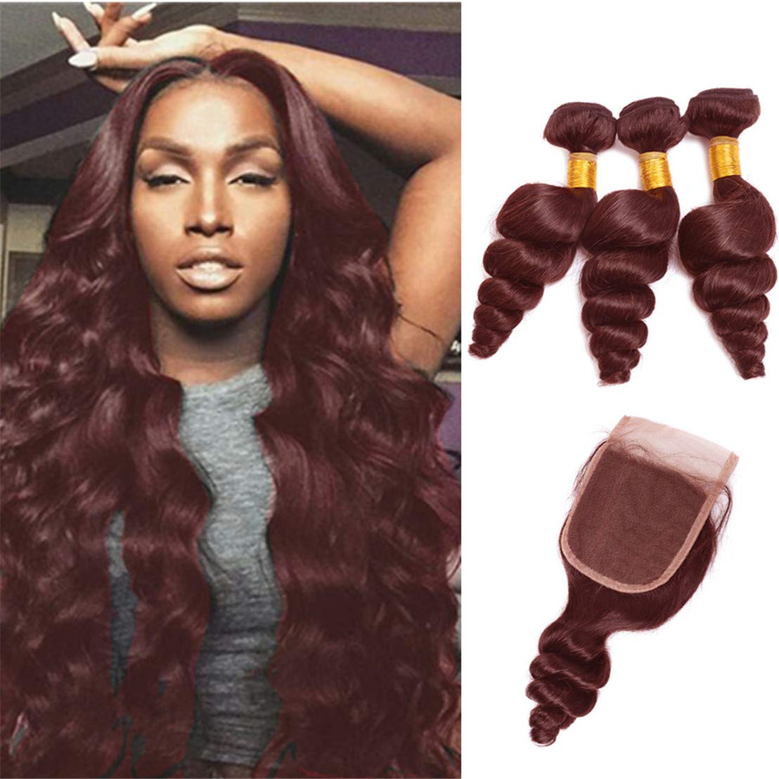 99J Burgundy Loose Deep Wave Human Hair Wefts 3 Bundles With 4x4 Lace Closure Brazilian Hair Extentions Red Wine Color Free Part 4x4 Hand tied Lace Closure (14"16"18"+14"closure, Burgundy/99J)