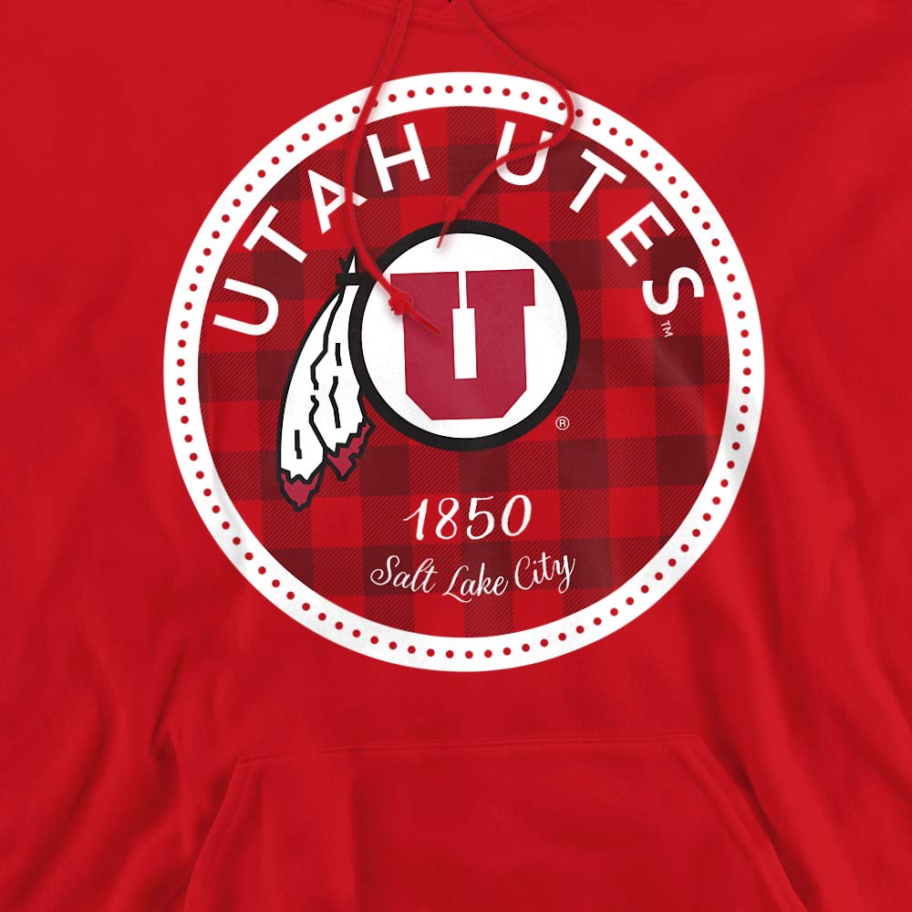 University of Utah Official Plaid Badge Unisex Adult Pull-Over Hoodie,Red, X-Large