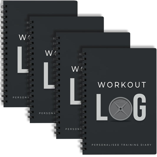 Workout Log Gym Workout Planner for Daily Fitness Tracking & Goals Setting - 4 Pack, A5 Size, 6” x 8”, Charcoal Gray - Men & Women Home & Gym Training Diary - Log Book Journal