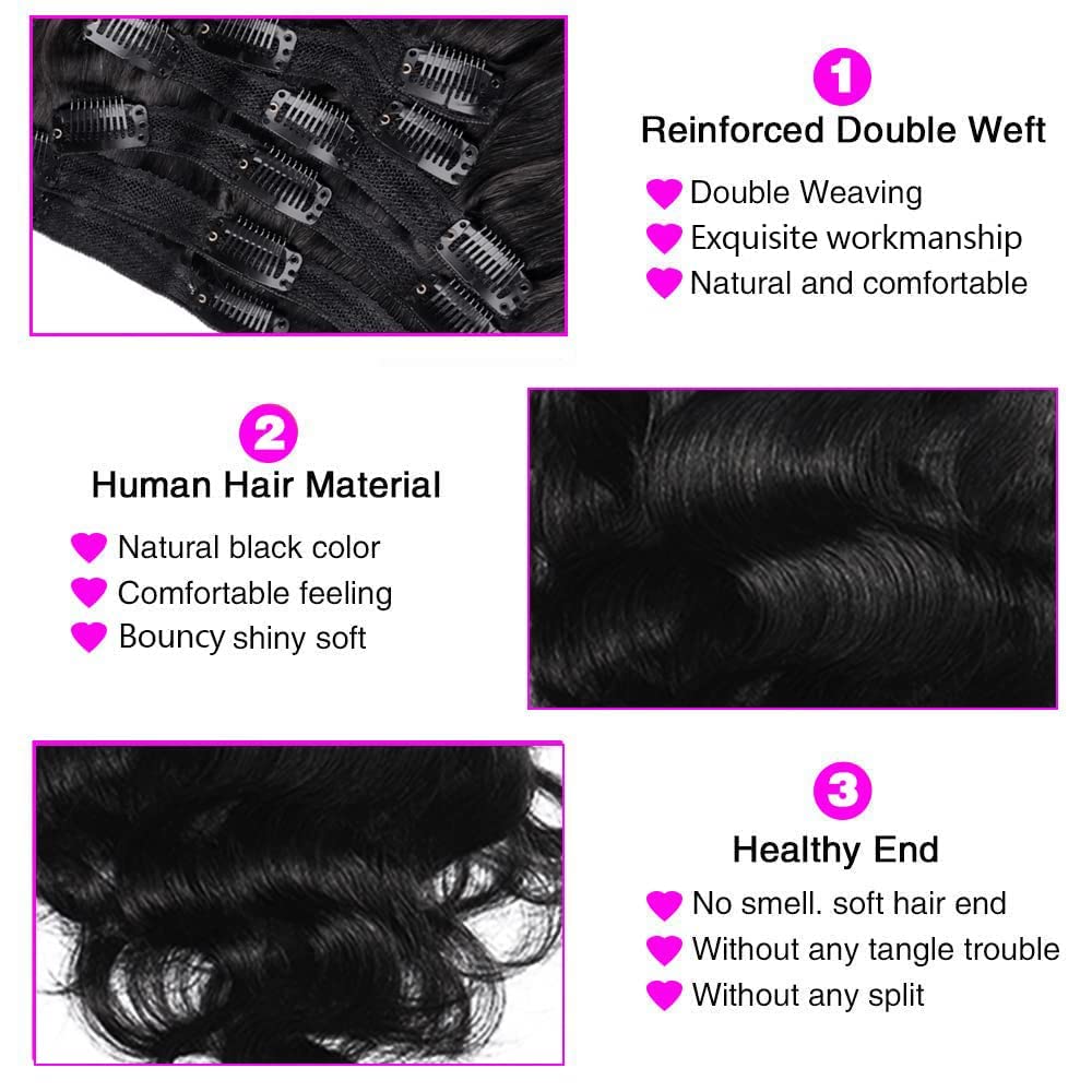 120g Body Wave Clip in Hair Extensions Real Human Hair Clip ins Hair Extensions for Women 8Pcs/Set with 18Clips Brazilian Remy Human Hair Extensions(26inch, Natural Color)