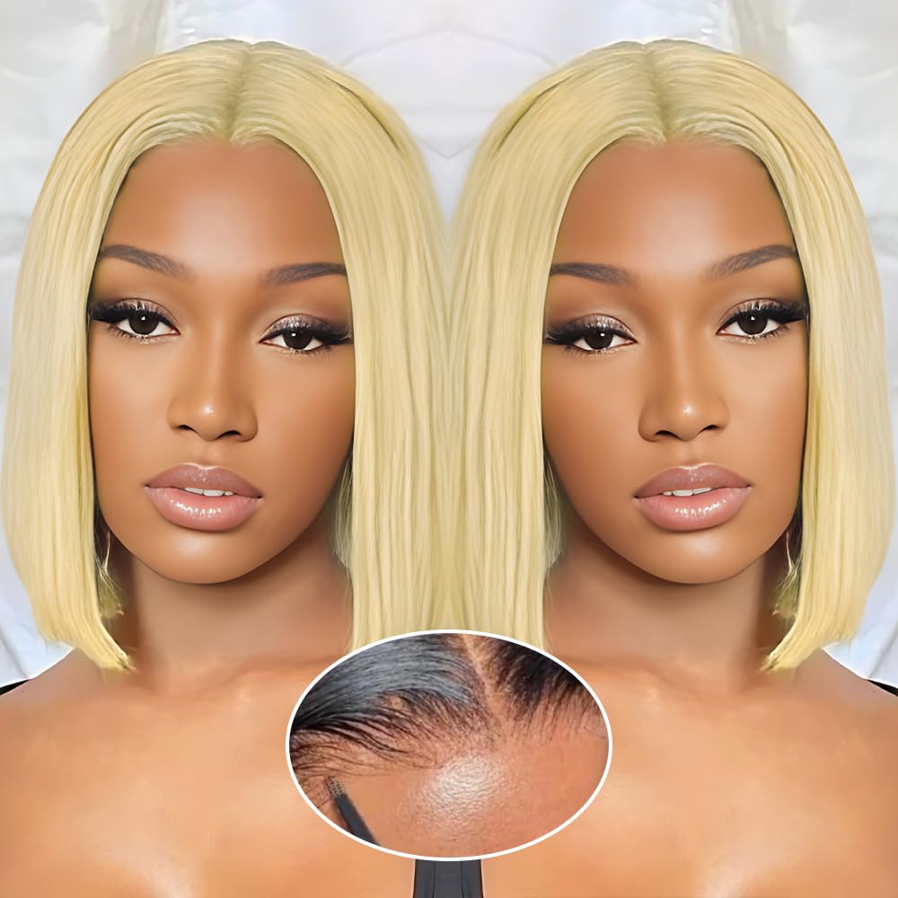 GUDOZO 9x6 HD 613 Lace Front Wig Human Hair Glueless Wigs Human Hair Pre Plucked Pre Cut Bob Wig Human Hair Glueless Wigs Human Hair 200% Density Short Straight Bob Wigs for Black Women 12 Inch