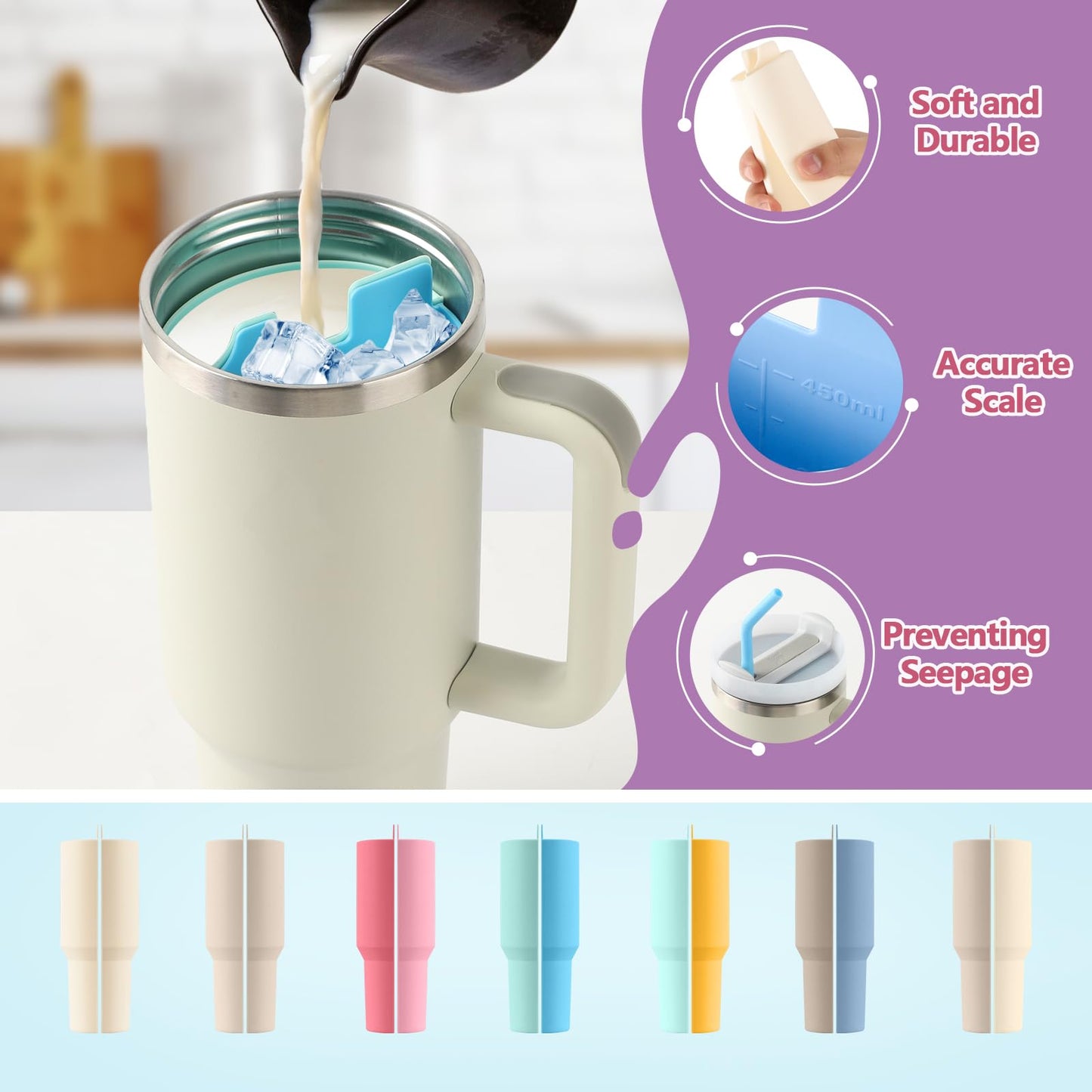 LittleHugs Silicone 2-in-1 Cup for Stanley Cup 40 oz Compatible with Stanley Cup Accessories,Double Drinks Bag Fit Stanley Cups Dispense Different Beverages,Milky Coffee and Blue