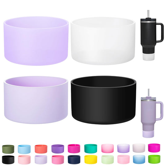LONPARRY 4-Pack Silicone Boot for Stanley Cup Quencher IceFlow Rubber Bottom Sleeve Protector for Stanley Tumbler HydroFlask Car Travel Cup Bottle Bottom (Clear+Black+Fog+Clear Purple)
