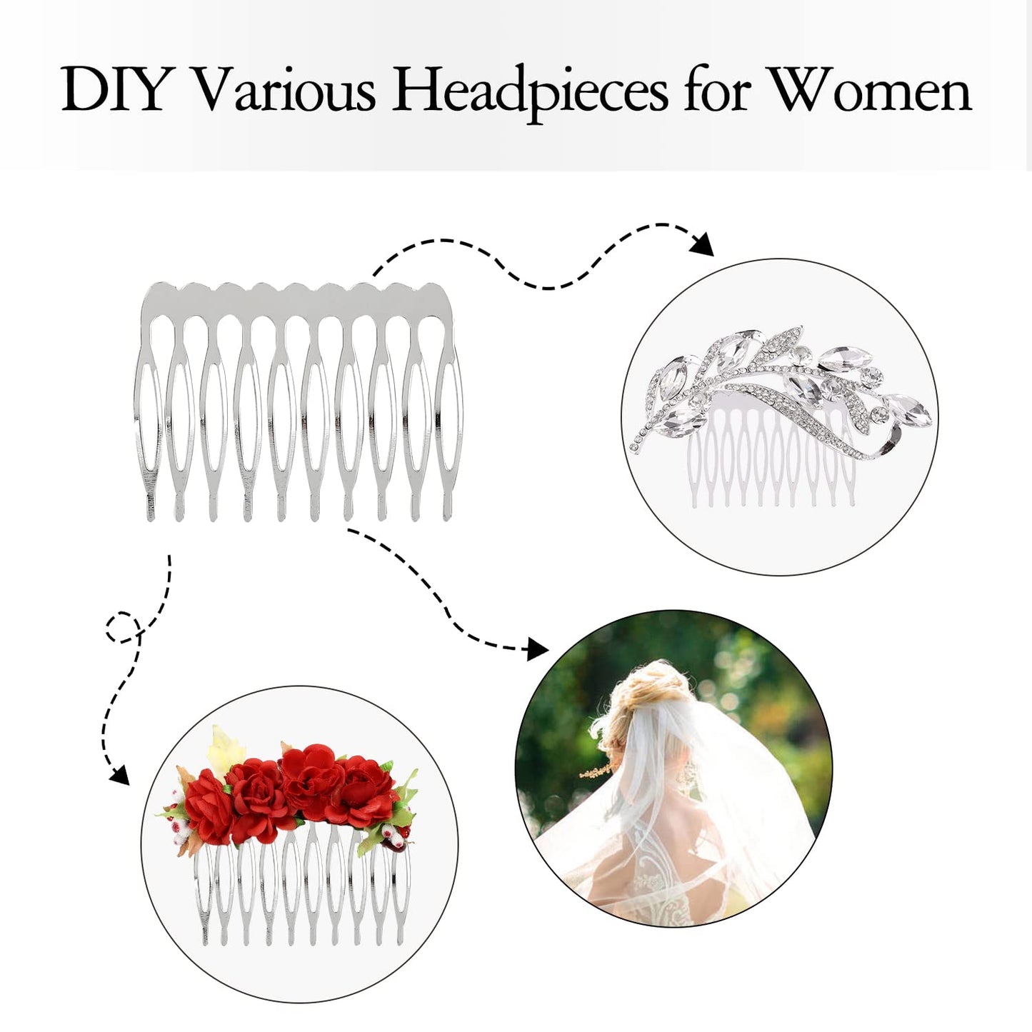 Lawie 20 Pack Bulk 10 Teeth Silver Metal Side Hair Combs Plain Blank Crafting DIY Wire Slide Combs Wedding Bridal Veil Combs Decorative Crowns Headpiece French Twist Clip Hair Accessories for Women