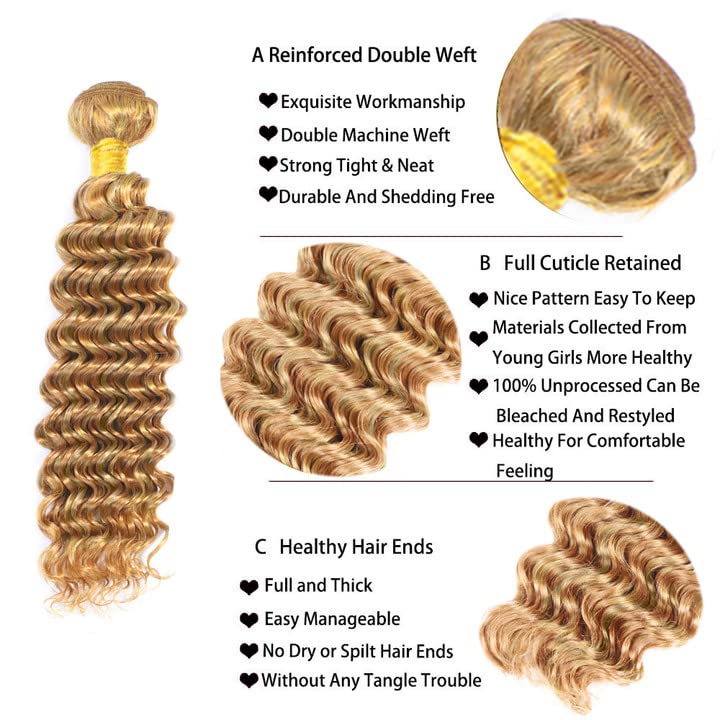 WuvuSnm 613 Deep Wave BUndles Human Hair Blonde Bundles P27/613 Human Hair Bundles 26 inch Single Bundle Honey Blonde Wet and Wavy Bundles for Black Women