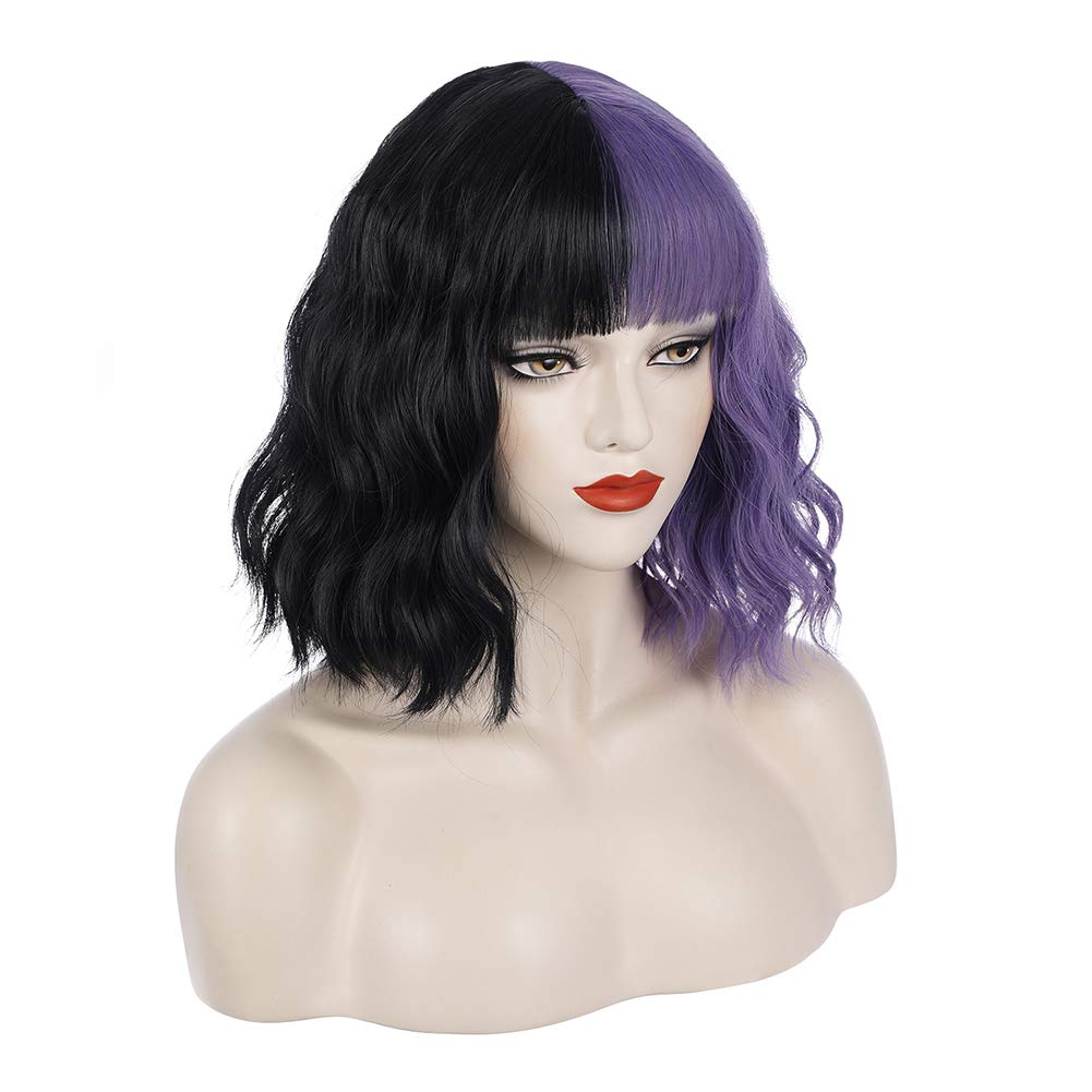 PATTNIUM Black Purple Wig Half purple Wig Short Curly Wig With Bangs Split Wig for Women Heat Resistant Synthetic Hair Cosplay Party Wig (Black and Purple)