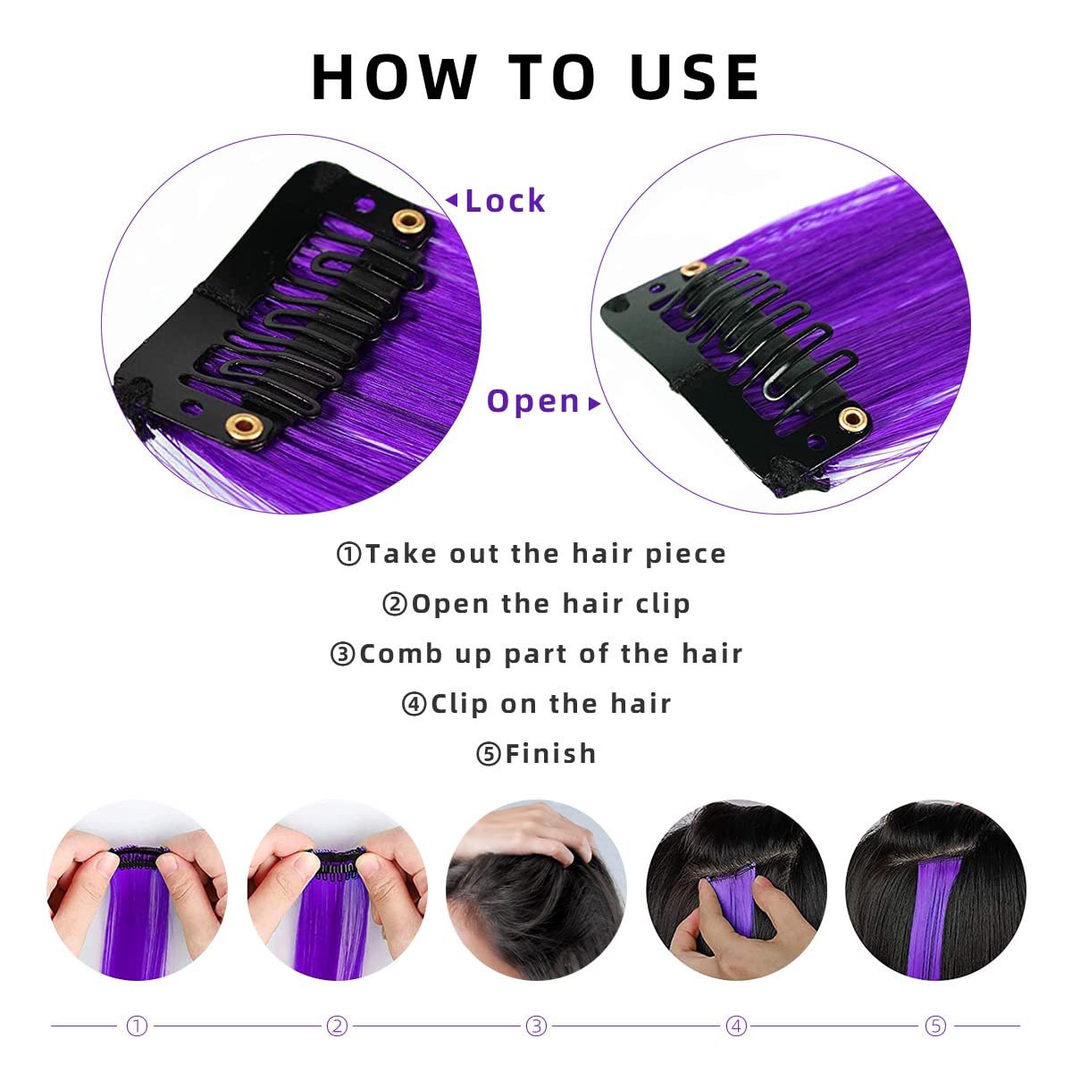 12 PCS Colored Clip in Hair Extensions, BEAHOT 22 Inch Rainbow Long Straight Hairpieces Clip in Synthetic, Halloween Cosplay Dress Up Fashion Party Christmas New Year Gift for Women Kids Girls, Purple