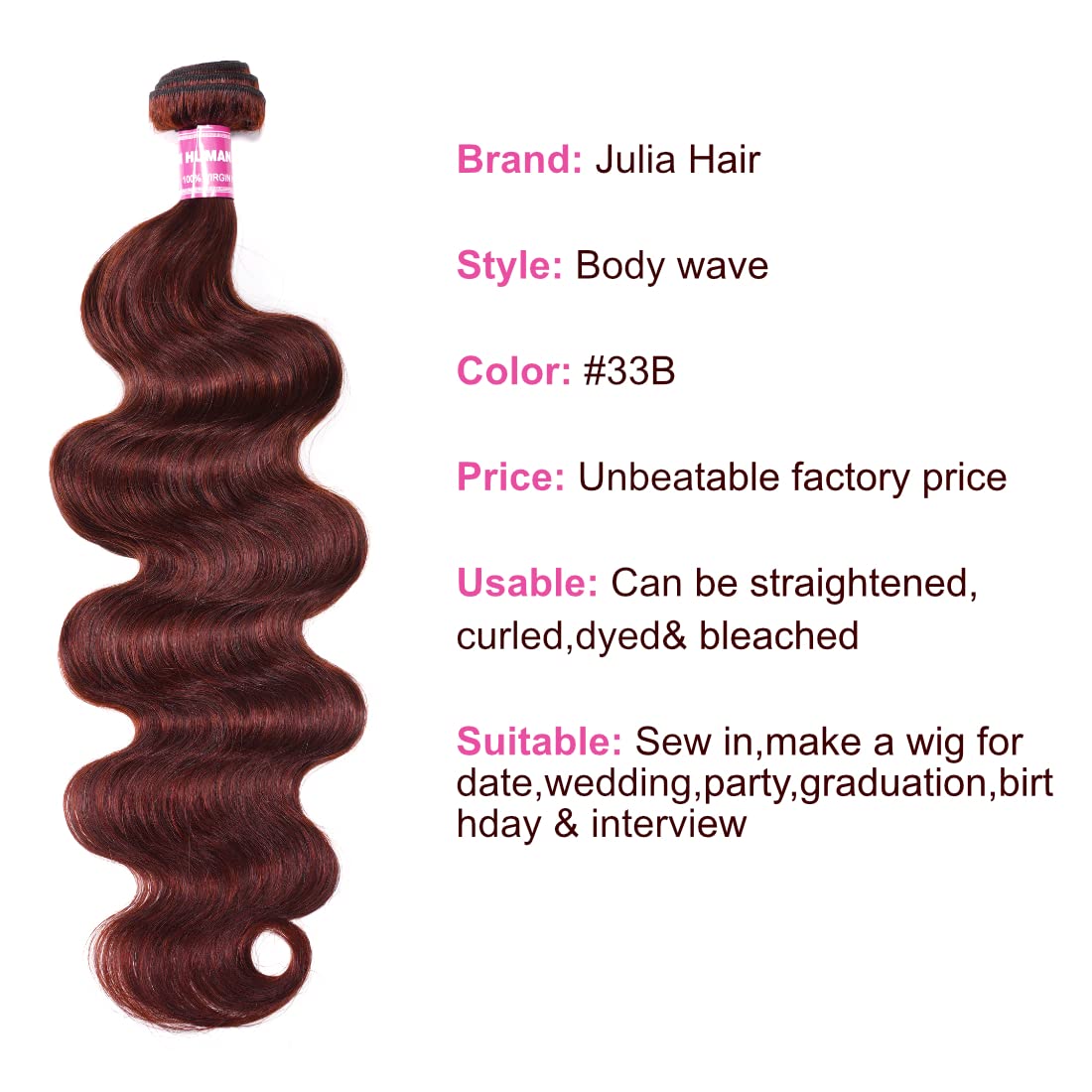 Julia Hair 12A Reddish Brown Body Wave Human Hair Weave 1 Bundle Human Hair for Women, Brazilian Remy Hair Auburn Brown Copper Red Human Hair Bundle Wavy Weaves for Sew in Extensions 33B Color 10 Inch