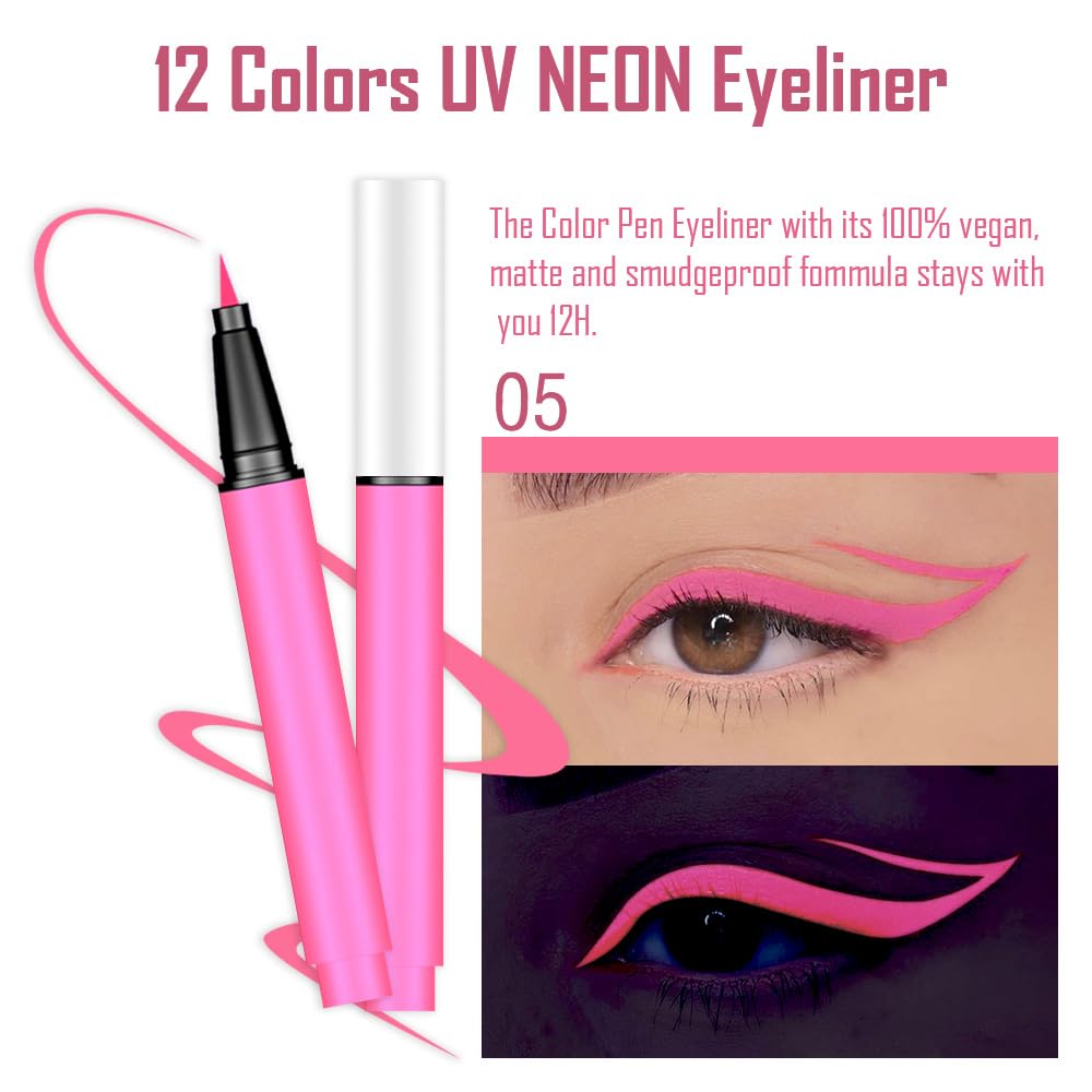 evpct Colorful UV Neon Liquid Eyeliner Pencil Pen, Rainbow Halloween Matte Colored Eyeliners Pencil Glow in Dark, Waterproof Long Lasting Highpigmented Delineador de ojos líquido de neón 05# pink