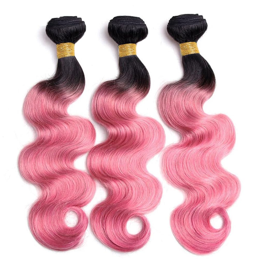1B/Pink Body Wave Bundles Human Hair Pink Bundles Human Hair Ombre Two Tone Black and Pink Bundles Brazilian Human Hair Weave Wet and Wavy Bundles Silky Soft for Black Women 26 28 30 inch