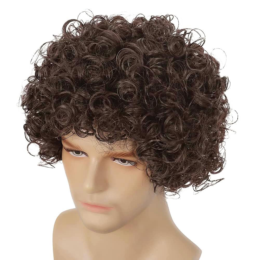 Dai Cloud Short Brown Curly Afro Wigs for Men Fluffy Rocker Synthetic Wigs for Cosplay Costume Wigs(Dark Brown)