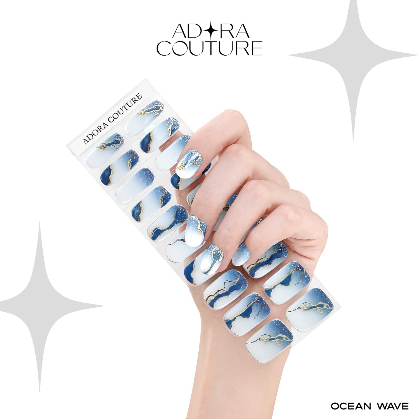 Adora Couture Semi Cured Gel Nail Strips with 20 Pieces, Salon Quality Nail Wraps for Women, Gold Foil Gradient Blue UV Gel Nail Stickers, UV Light Required, Ocean Wave