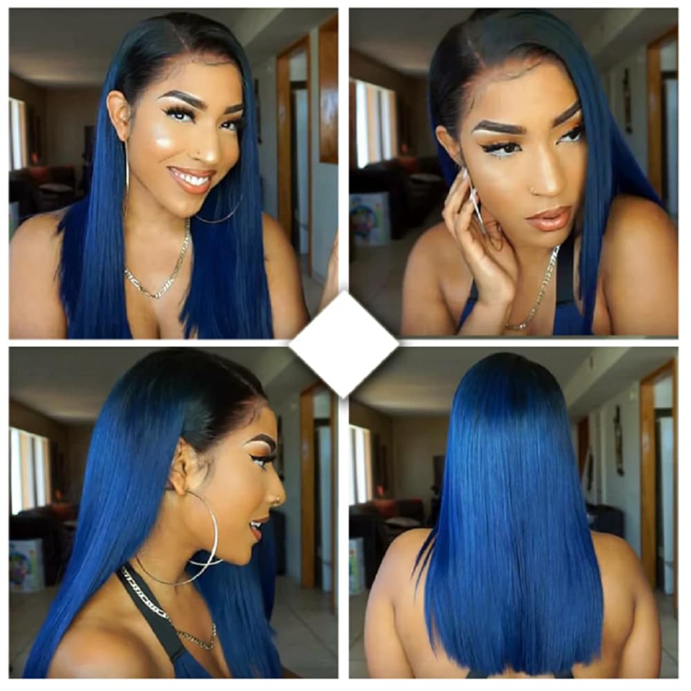 1B/Blue Straight Bundles Blue Human Hair Bundles Ombre Two Tone Black Roots to Blue Bundles Human Hair Weave Double Weft Brazilian Hair Wet and Wavy Bundles Silky Soft for Black Women 22 24 26 inch