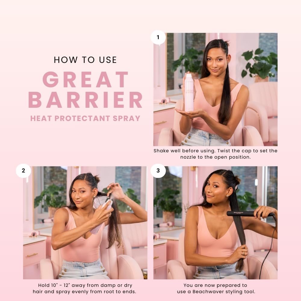The Beachwaver Co. Haircare Great Barrier Heat Protectant Hair Spray - Full Size (8.4 Fl Oz) | Multi-Purpose Treatment for Heat Protection | Flexible Hold & No Frizz | Polynesian Pink Sugar Scent