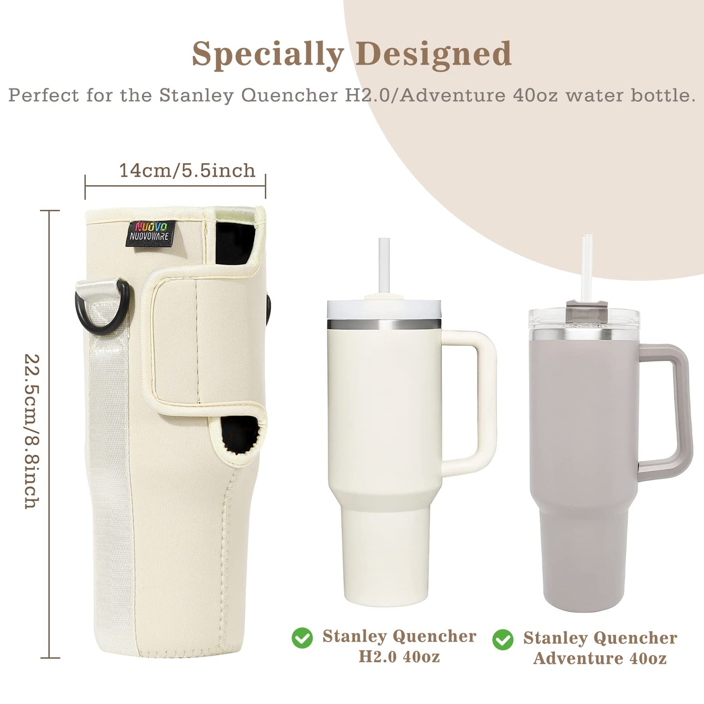 Nuovoware Water Bottle Carrier Bag Fits Stanley 40 Oz Tumbler with Handle, Bottle Bag with Adjustable Shoulder Strap, Neoprene Bottle Holder for Stanley Water Bottle Accessories, Milk White