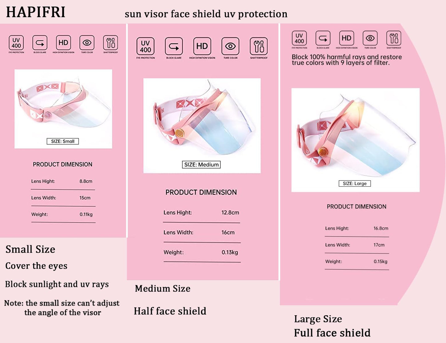 Hapifri UV Protection Face Shield, Unisex Facial Sun Visor for Men Women Outdoors Sports Driving, UPF 70+,100% UV400 Face Visor（Laboratory Test Certificate with Adjustable Headband Pink S…
