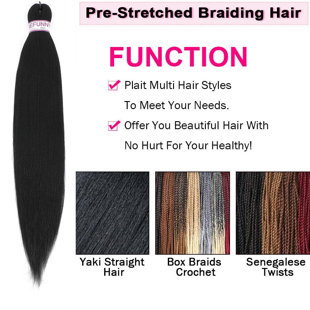 BEFUNNY Pre Stretched Braiding Hair, 5 Packs 24 Inch Professional Black Prestretched Braiding Hair For Women Human Hair Braid,Natural Straight Synthetic Hair Extension,Itch Free(24",5bundles,1B#)