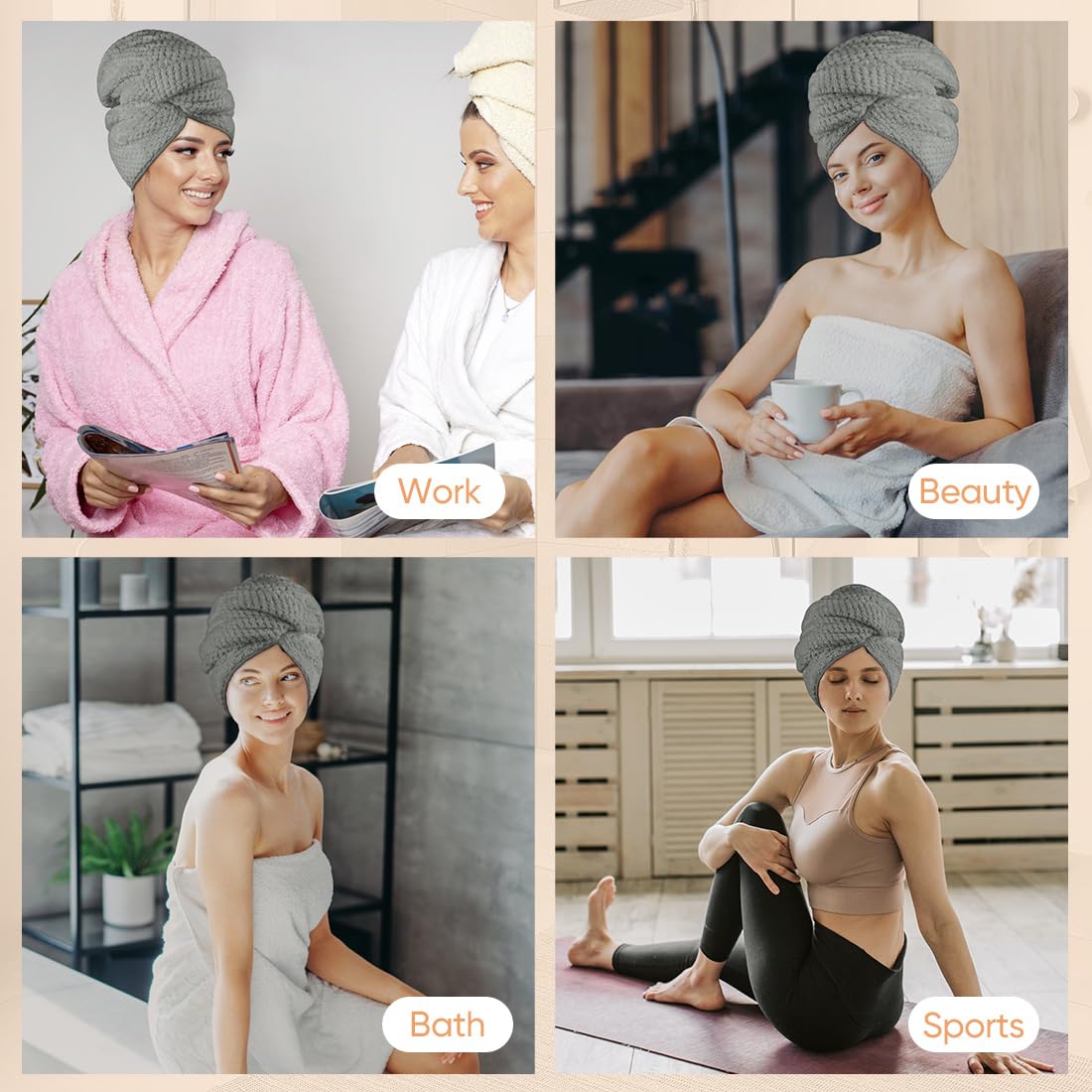 HOMEXCEL 5 Pack Large Microfiber Hair Towel Wrap for Women, Grey- 40 x 20 inches Super Soft, Fast Drying Turbans for Long, Thick, Curly Hair - Anti Frizz Wrap with Elastic Strap