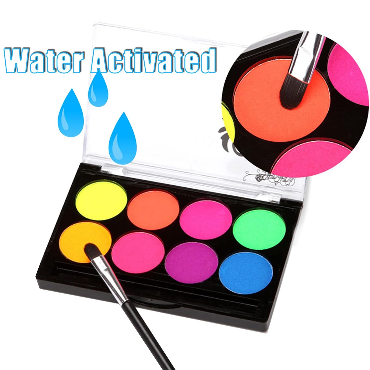 2x8 Neon Face Paint Palette, Glow in The UV Blacklight Body Paint, Water Based Fluorescent Face Painting Kit Palette, Water Activated Washable for Kids Adult Halloween Masquerades Club Makeup
