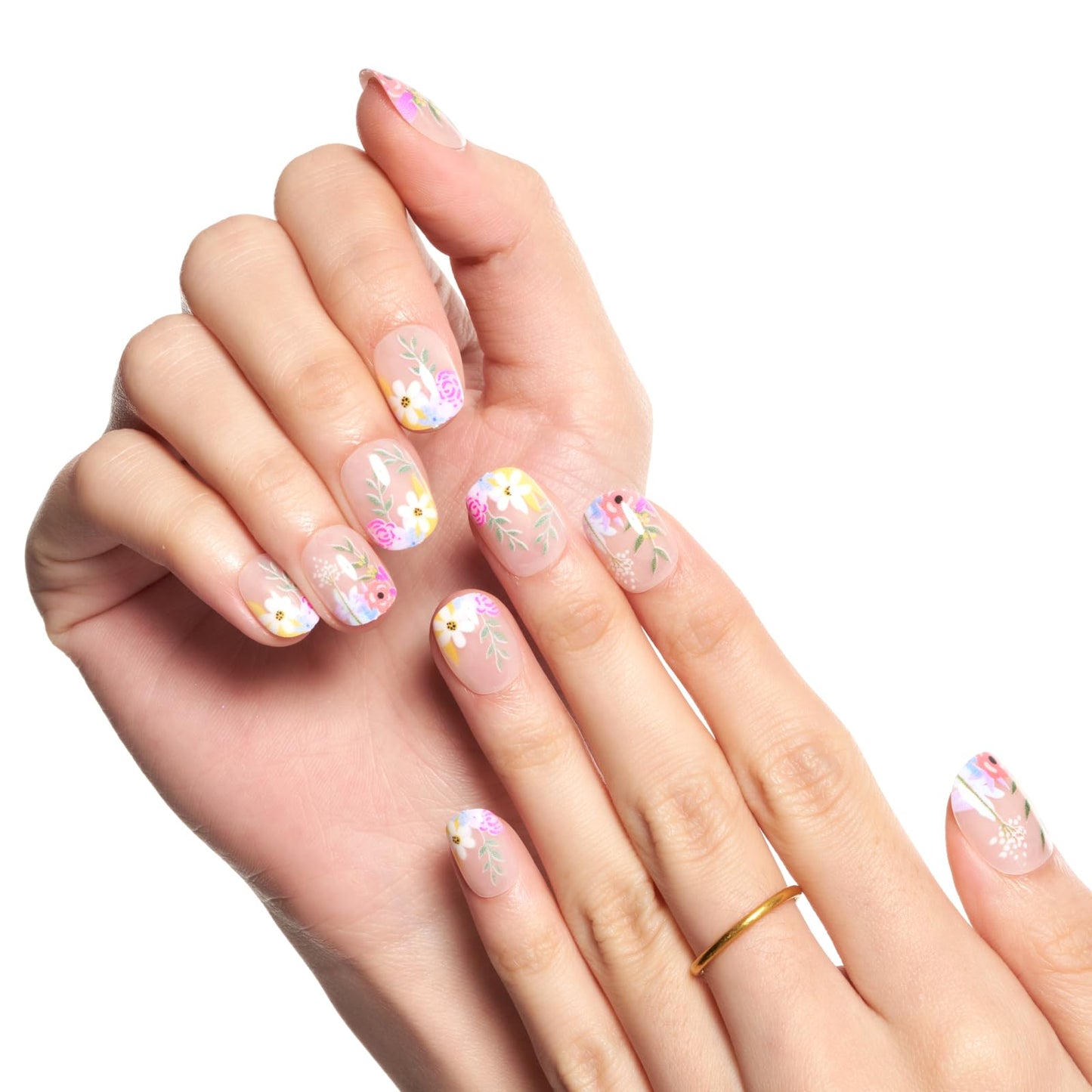 GLAMERMAID Nude Floral Extra Short Press on Nails, Pink Daisy Fake Nails Short Squoval, Natural Round Square Glue on Nails Glossy Gel, Acrylic False Nail Manicure Kit for Women, Reusable Stick on Nail