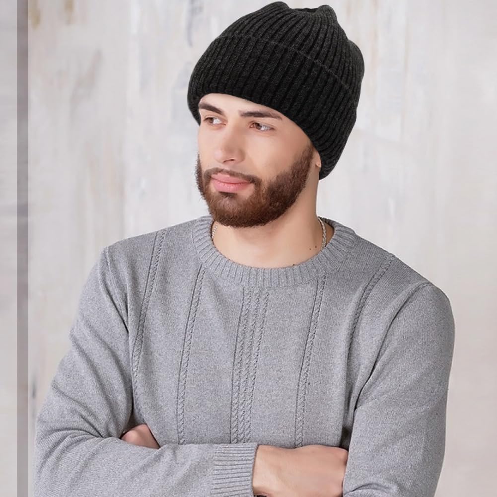 Oversize L/XL/XXL Beanie Hat for Big Heads - Unisex Merino Wool Cuff Beanie Winter Hat for Men and Women Slate Gray