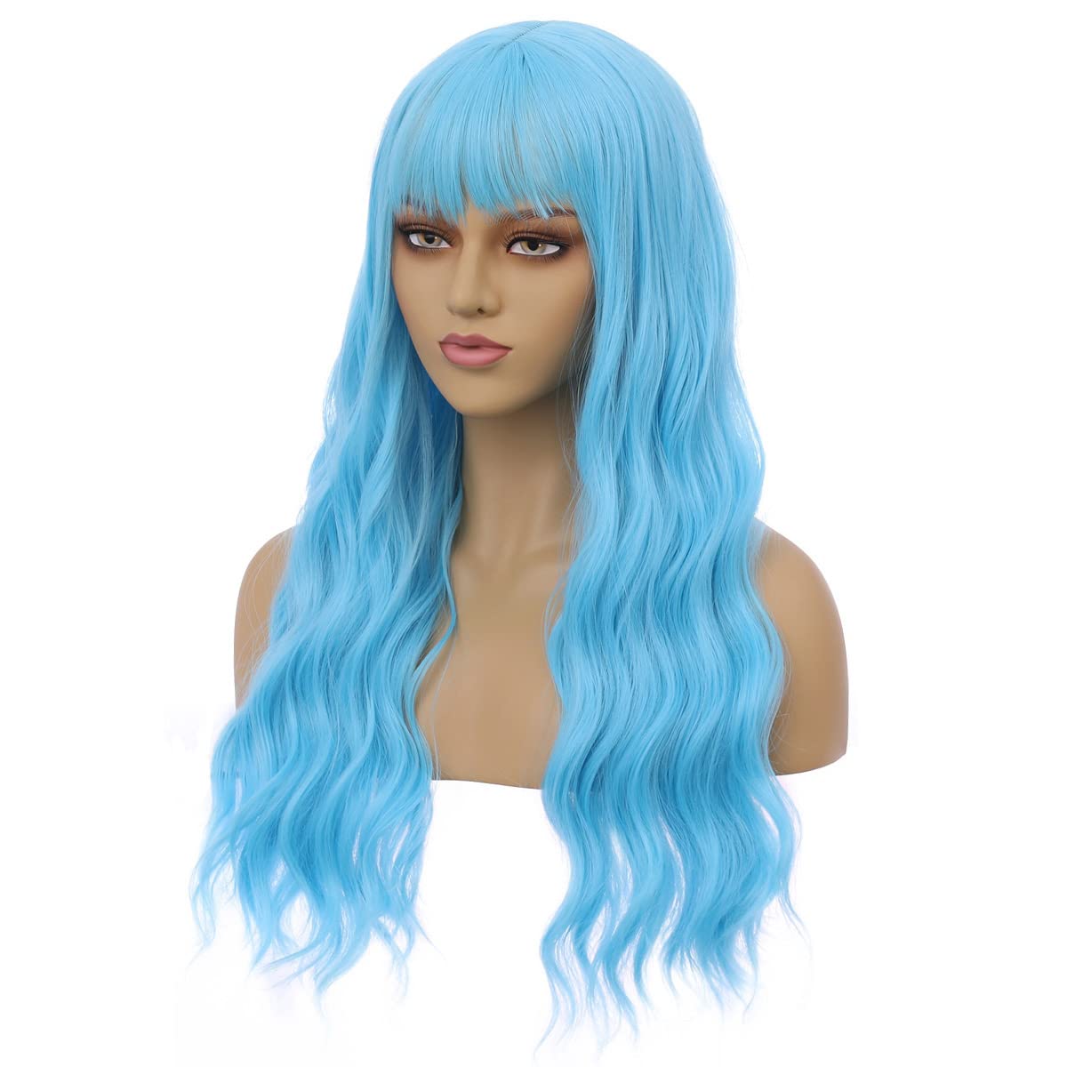 BERON 23 Inches Blue Wig Long Curly Wig with Bangs Synthetic Wig Women Girls Wig Sky Blue Wigs with Wig Cap