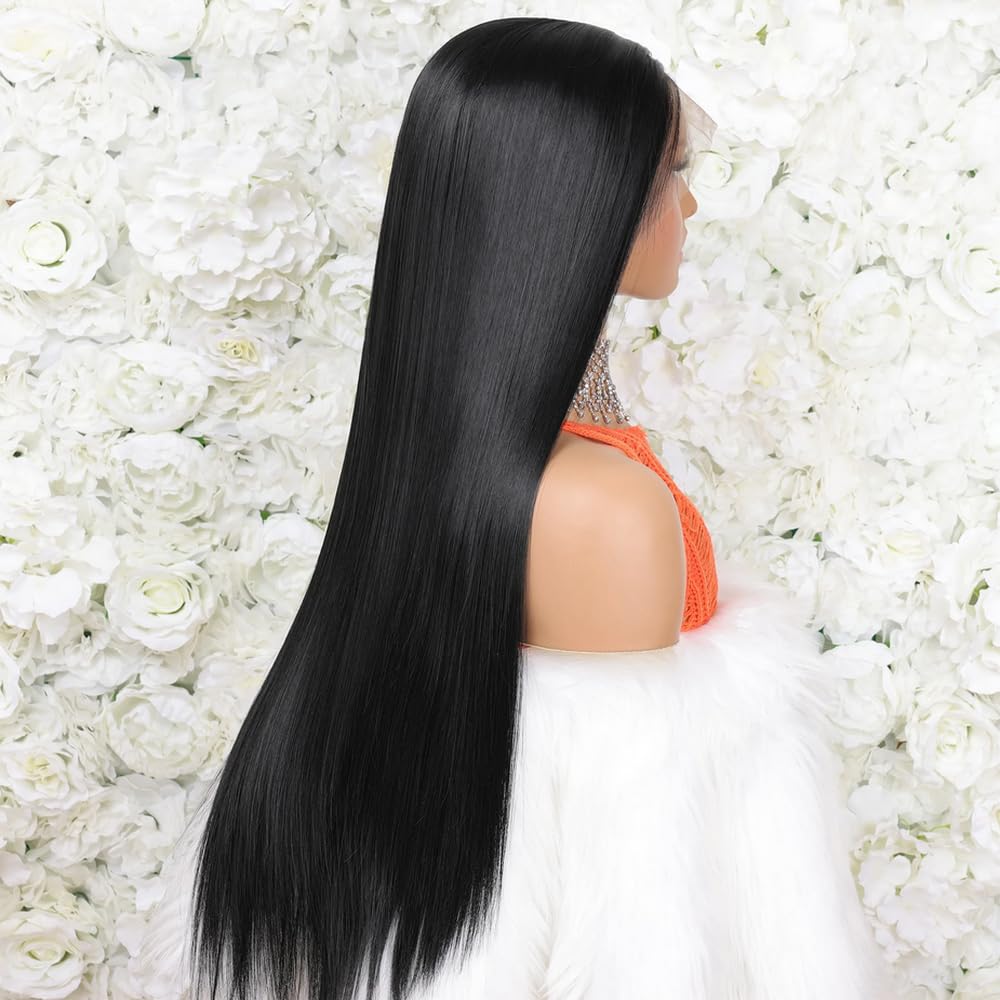 MSMYRNS Long Straight HD Lace Wig Middle Parting Synthetic Wigs 1B Black Color For Women Girls Party Cosplay Costume Wig Halloween Hair 26 Inch