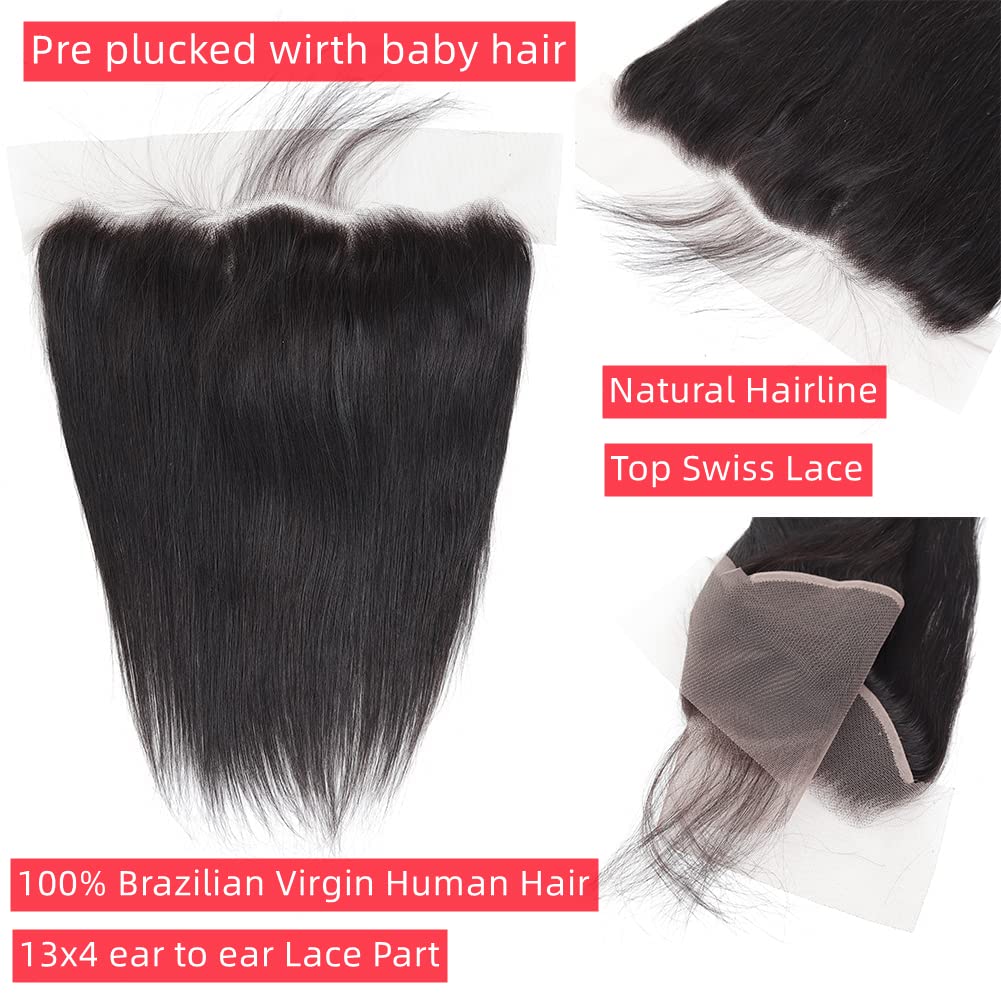 13x4 Lace Frontal Closure 10a Brazilian Straight Frontal Closure Human Hair Ear to Ear Lace Frontal Human Hair Pre Plucked with Baby Hair 150% Density Natural Black 20inch
