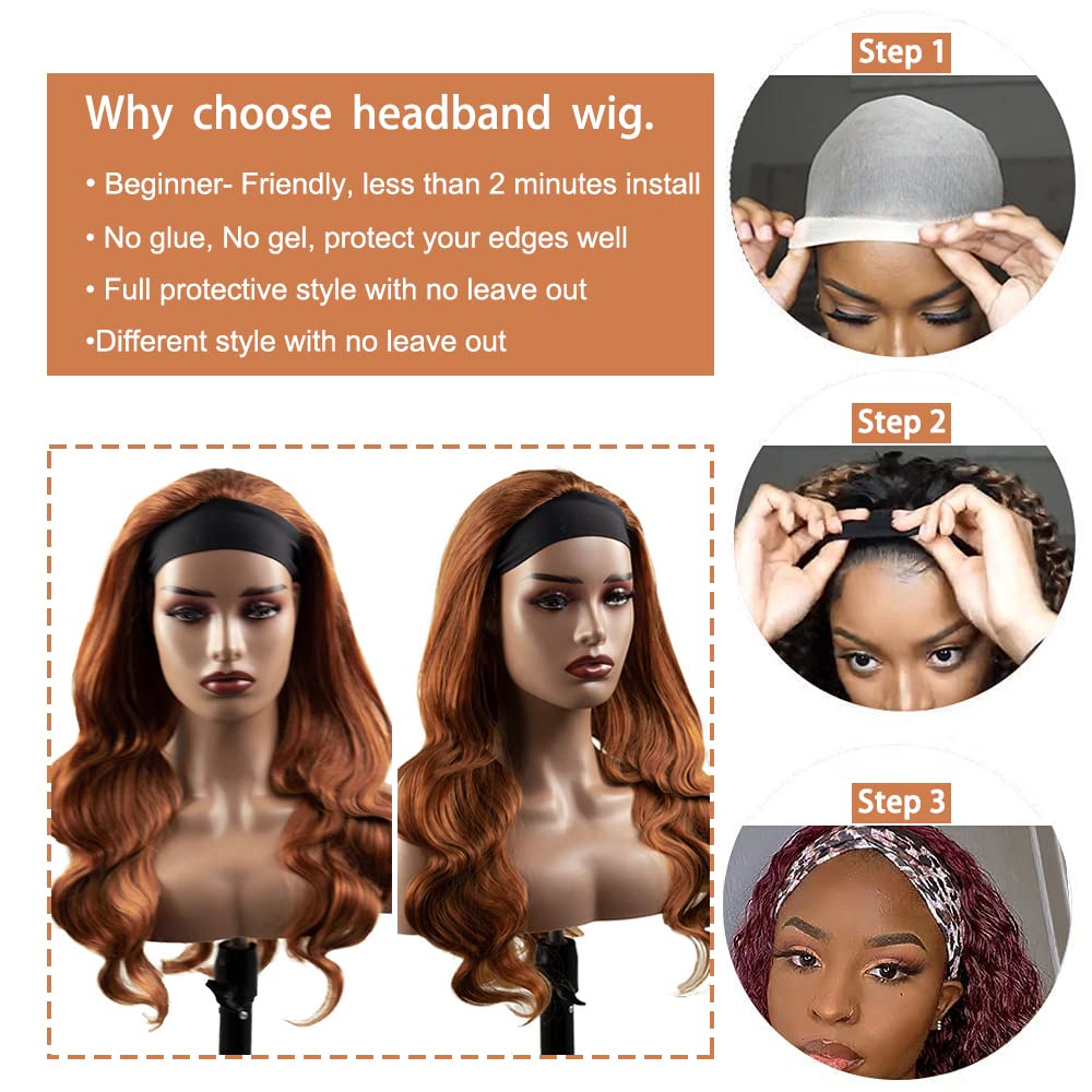 32 Inch #30 Brown Headband Wigs Human Hair Light Brown Body Wave Headband Wigs 150% Density Brazilian Virgin Hair Glueless None Lace Front Wigs Full Head Machine Made Half Wigs For Women