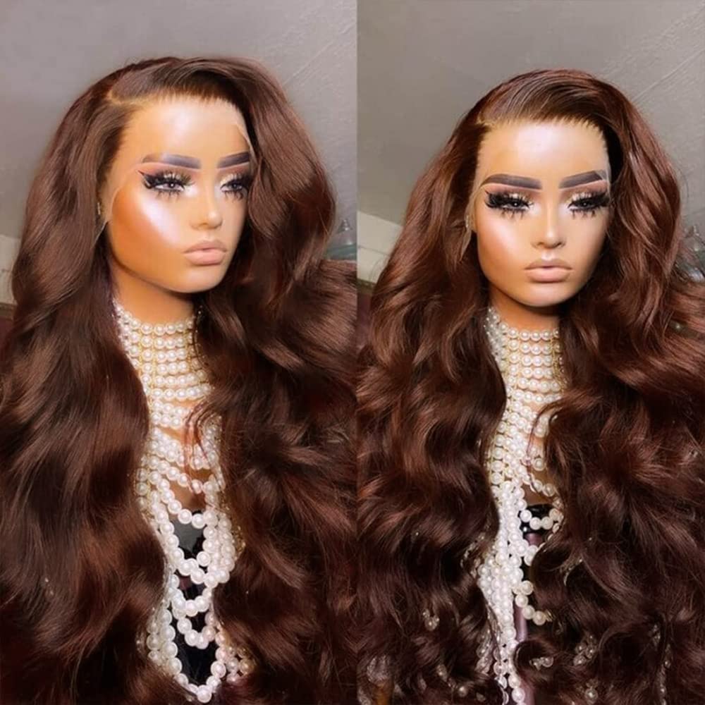 200% Density 13x4 Auburn Brown Body Wave Lace FrontWigs Chestnut Brown Colored Human HairWigs For WomenHD Transparent Lace FrontWig Human Hairwith Baby Hair(28 Inch,13x4 BrownLace Front Wig HumanHair)