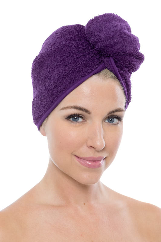 Texere Women's Rayon and Cotton Terry Spa Hair Towel - Quick Dry, Absorbent and Lightweight Hair Wrap Towel with Loop and Twist Closure (Tya, Purple, U)