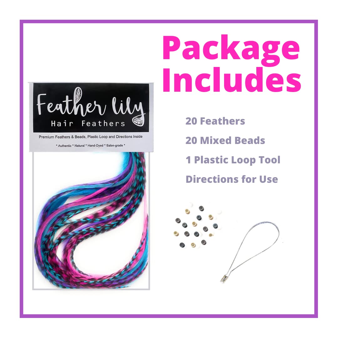 Hair Feathers and Tool Kit, Pink, Purple and Turquoise Feather Extensions with Beads, loop tool and pliers
