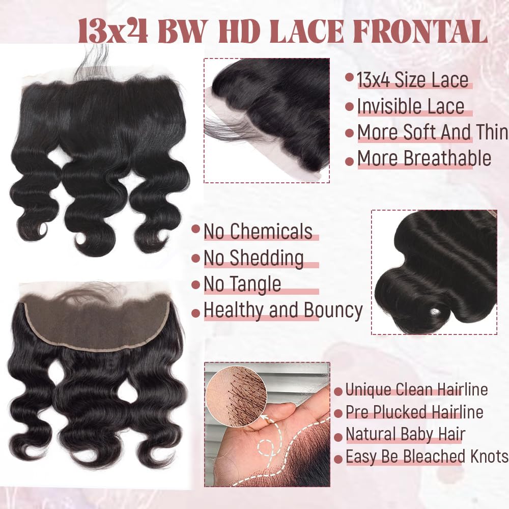 13x4 HD Transparent Lace Closure Human Hair,Body Wave Hd Invisible Lace Closure Virgin Human Hair Pre Bleacked Knots with Baby Hair Ear To Ear 13x4 Clear Film Lace Closure Natural Hairline Black Color