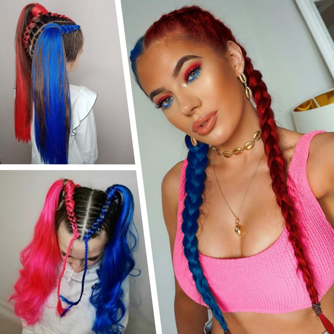 2 Pack Braid Ponytail Extension with Elastic Tie Straight Sleek Wrap Around Braid in Extensions Red Blue Contrast 26 Inch Hair Braid Extensions Ponytail for Girls(Red/Blue#)