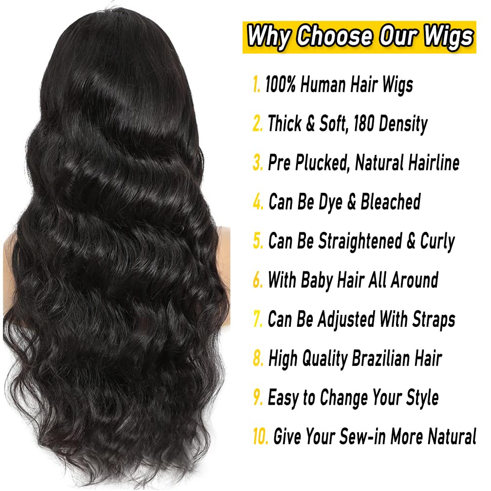 13x6 Lace Front Wigs Human Hair Lace Front Wigs Pre Plucked with Baby Hair 180% Density Glueless Human Hair Wigs for Black Women HD Transparent Lace Frontal Wigs Natural Black 22 Inch
