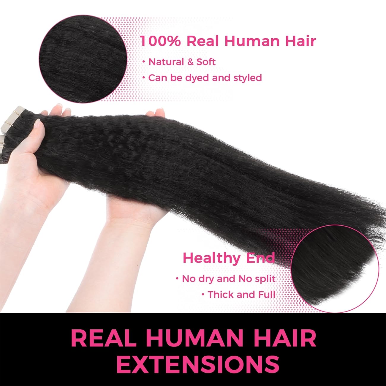 Lashey Tape in Hair Extensions Human Hair for Black Women Kinky Straight Tape in Hair Extensions Natural Black 14 Inch 50g/pack 20pcs Real Natural Human Hair for Women
