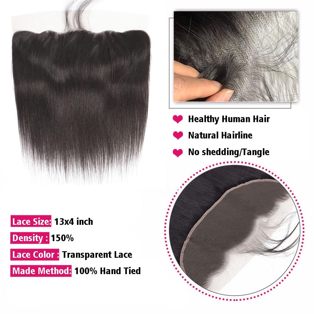 13x4 Lace Frontal Closure 10a Brazilian Straight Frontal Closure Human Hair Ear to Ear Lace Frontal Human Hair Pre Plucked with Baby Hair 150% Density Natural Black 20inch