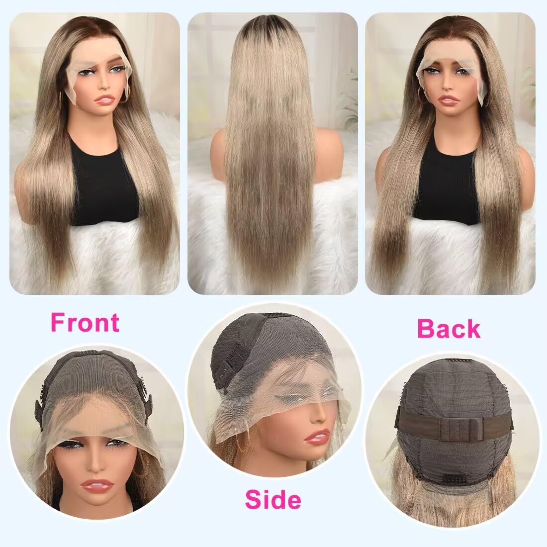 200% Density Ash Blonde Straight Lace Front Wigs for Black Women Pre Plucked Ash Blonde Wig Human Hair 13x4 Transparent Lace Front Wigs Human Hair Dark Brown Roots Platinum HD Lace Frontal Wig 24 Inch